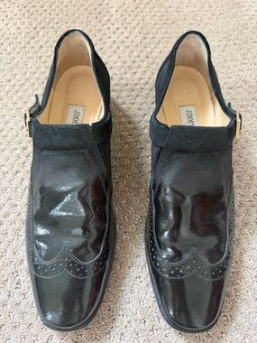 Jimmy Choo Black Patent Leather Wingtip Monk Strap Flats